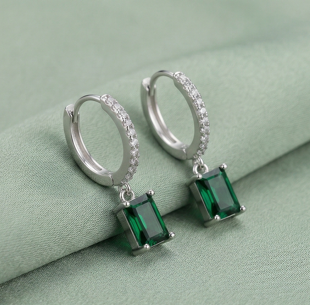LUXE 925 Sterling Silver Emerald Cut Green Drop Hoop Earrings Jewellery for Women