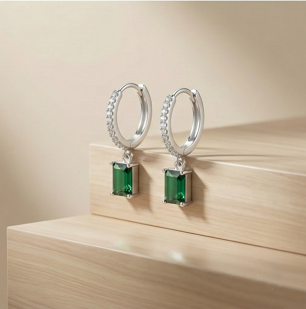 LUXE 925 Sterling Silver Emerald Cut Green Drop Hoop Earrings Jewellery for Women