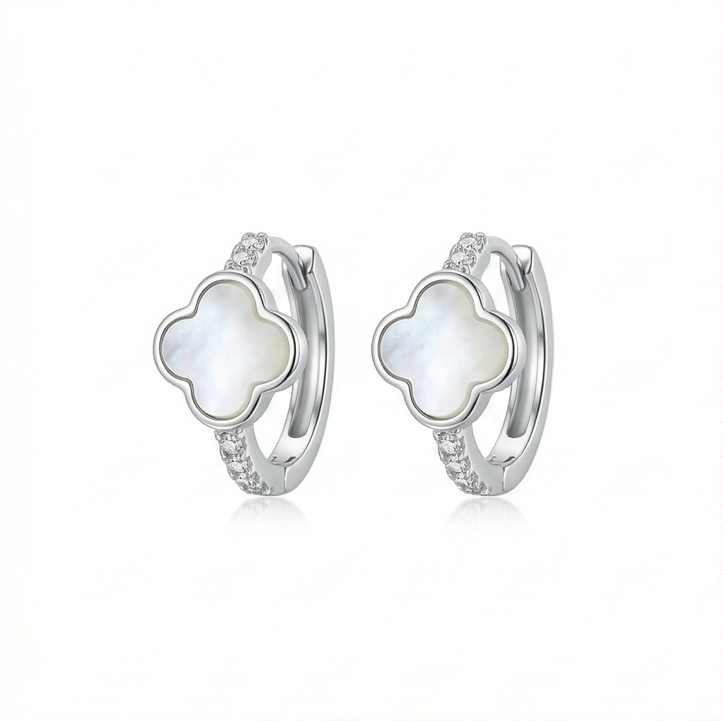 LUXE 925 Sterling Silver High Polish MOP Clover Drop Hoop Earrings Jewellery for Women