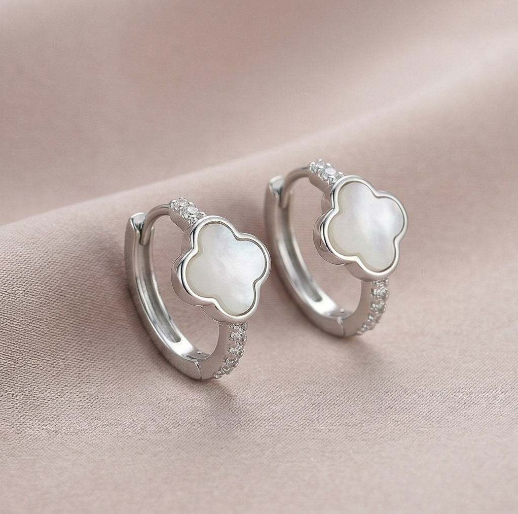 LUXE 925 Sterling Silver High Polish MOP Clover Drop Hoop Earrings Jewellery for Women