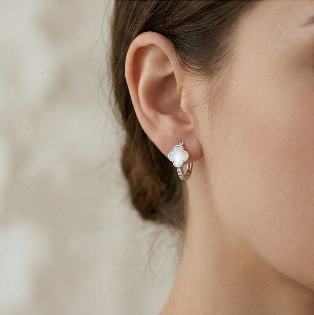 LUXE 925 Sterling Silver High Polish MOP Clover Drop Hoop Earrings Jewellery for Women