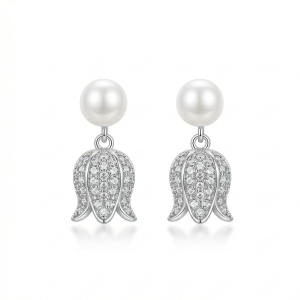 LUXE 925 Sterling Silver High Polish Pearl and Tulip Drop Earrings Jewellery for Women