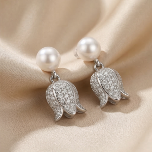 LUXE 925 Sterling Silver High Polish Pearl and Tulip Drop Earrings Jewellery for Women