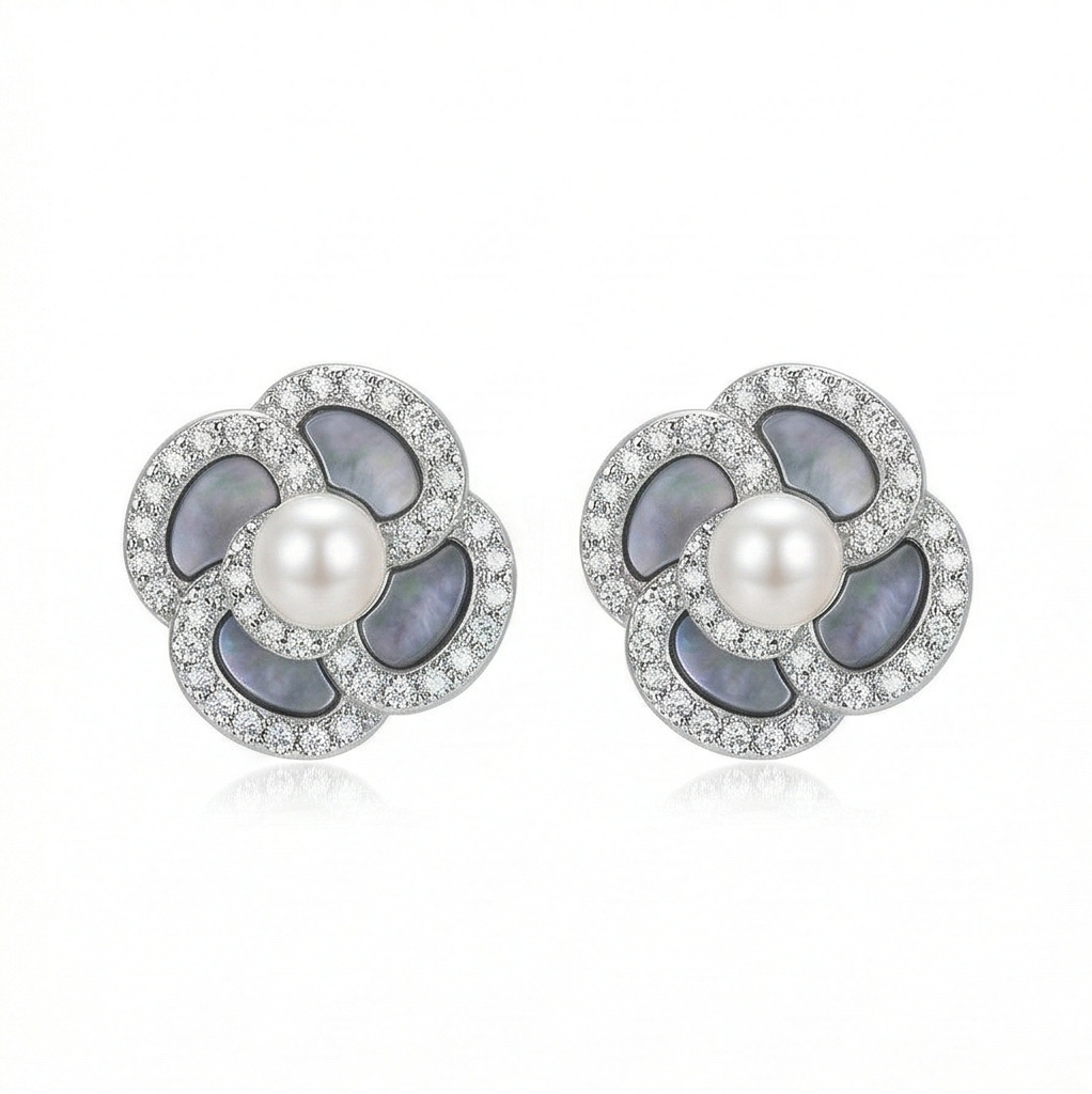 LUXE 925 Sterling Silver High Polish Pearl Center Floral Stud Earrings Jewellery for Women