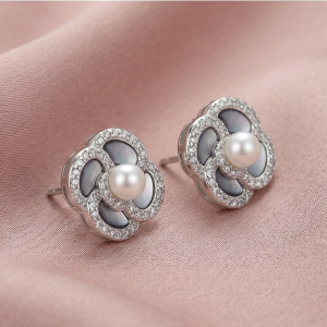 LUXE 925 Sterling Silver High Polish Pearl Center Floral Stud Earrings Jewellery for Women