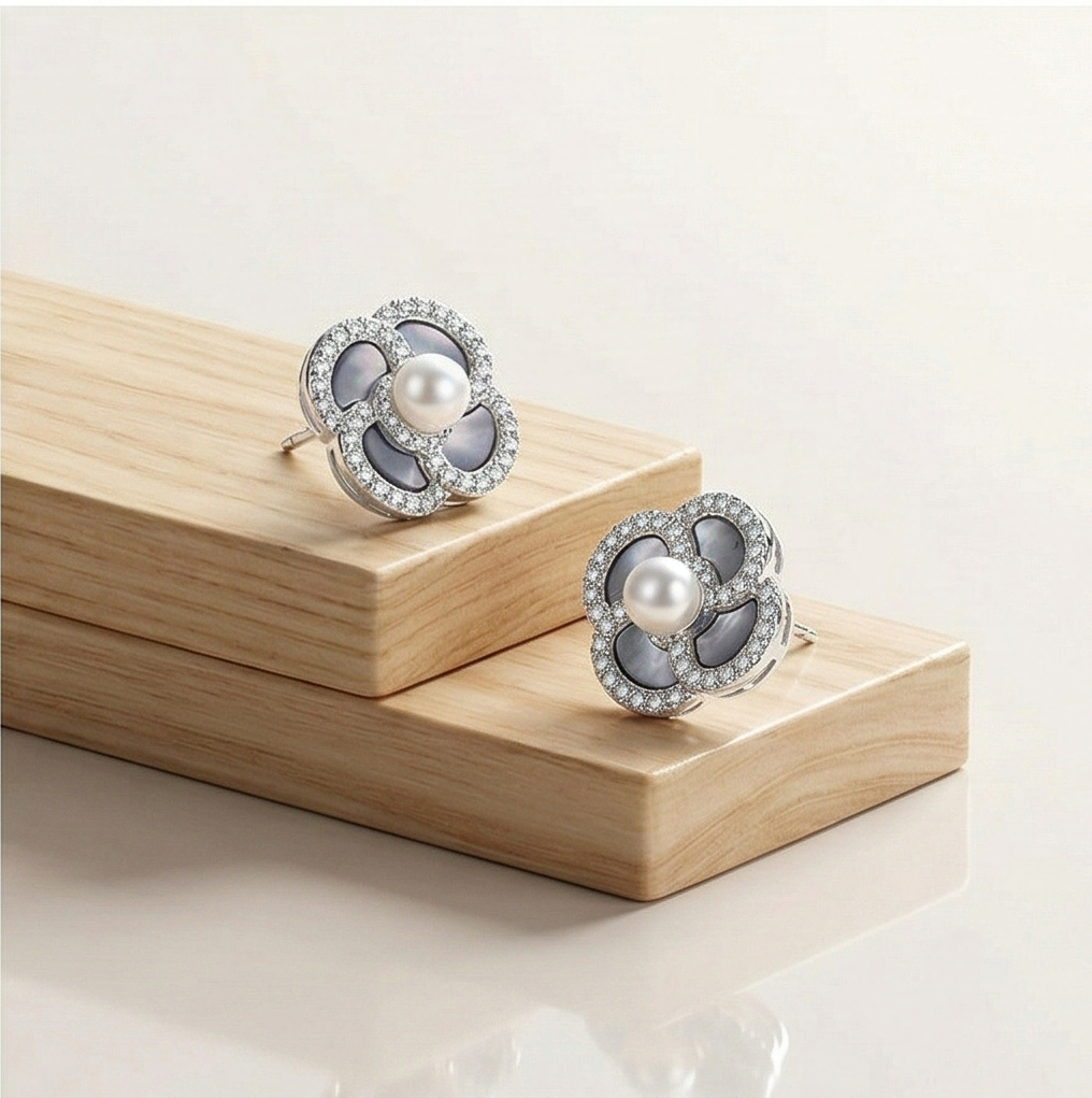 LUXE 925 Sterling Silver High Polish Pearl Center Floral Stud Earrings Jewellery for Women