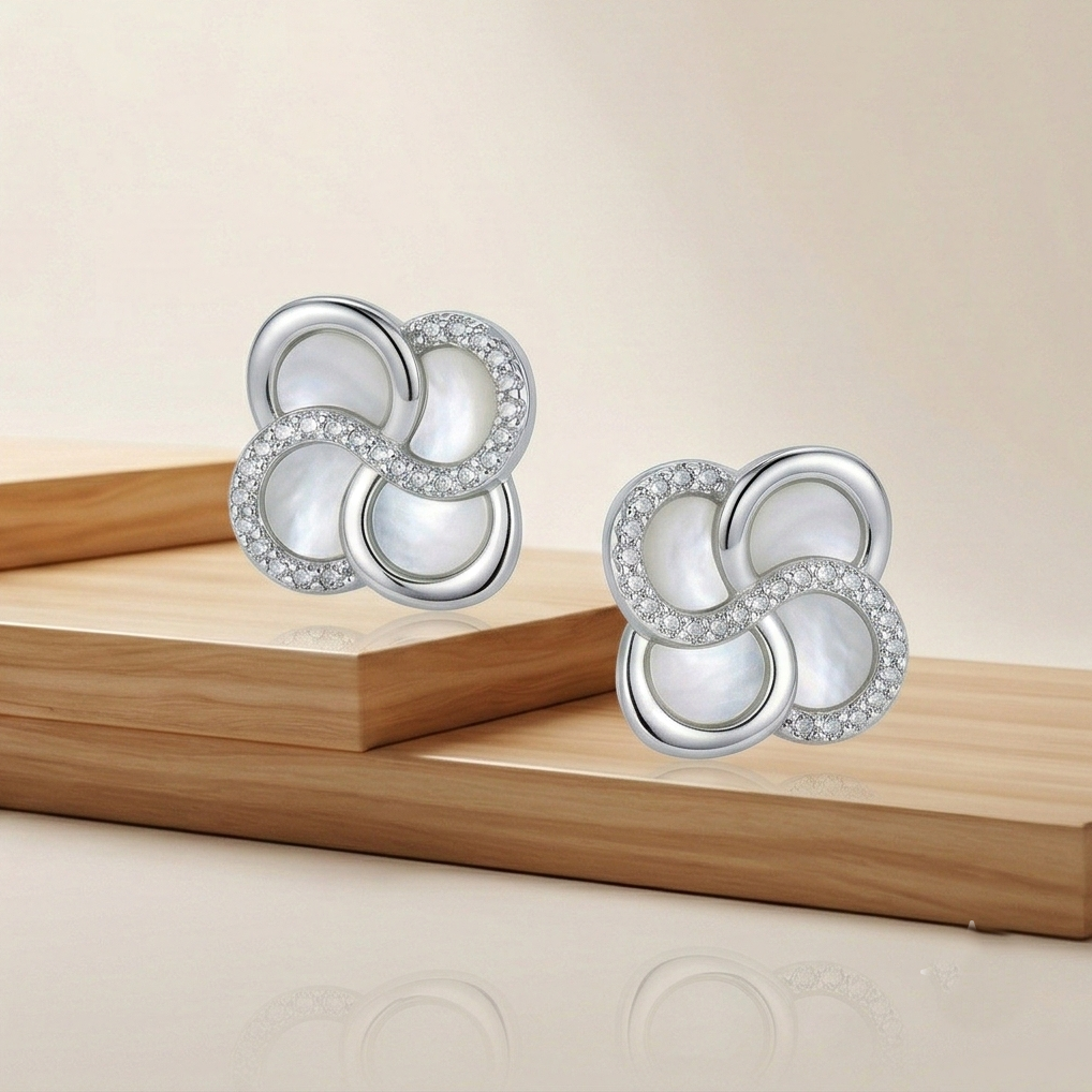 LUXE 925 Sterling Silver Interwoven Floral Stud Earrings Rhodium Finish Fine Jewellery for Women