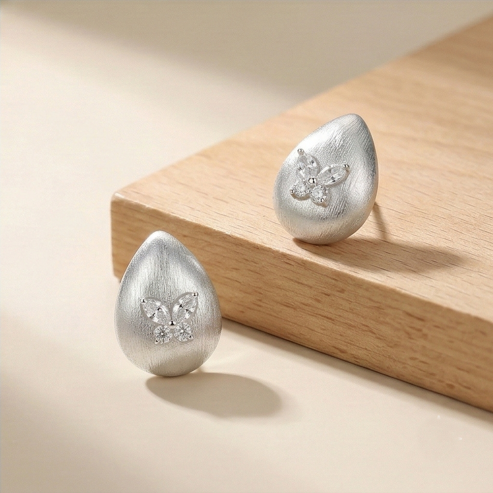 LUXE 925 Sterling Silver Brushed Teardrop Butterfly Stud Earrings Matte Finish LUXE Jewellery for Women