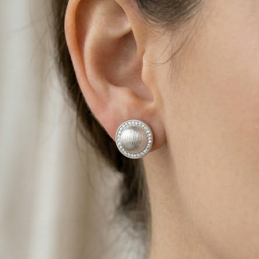 LUXE 925 Sterling Silver Textured Dome Halo Stud Earrings Rhodium Finish Statement Jewellery for Women