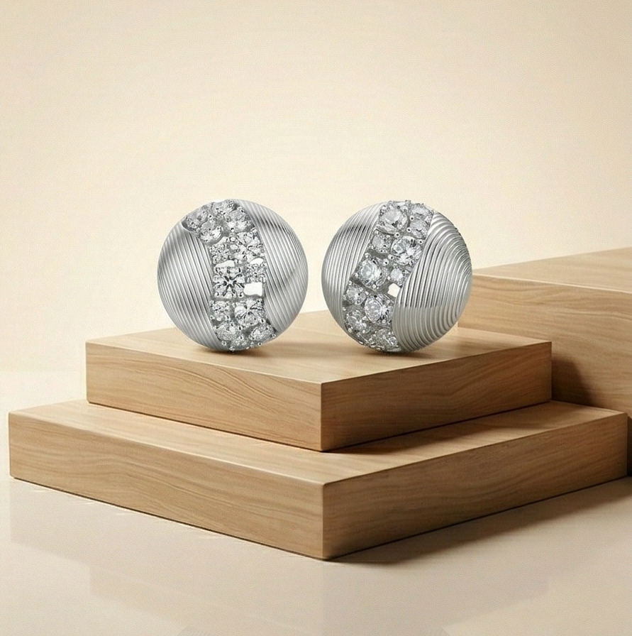 LUXE 925 Sterling Silver Textured Round Stud Earrings Rhodium Finish Contemporary Jewellery for Women