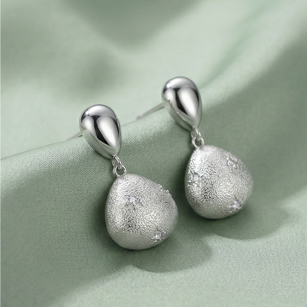 LUXE 925 Sterling Silver Textured Teardrop Dangle Earrings Rhodium Finish Statement Jewellery for Women