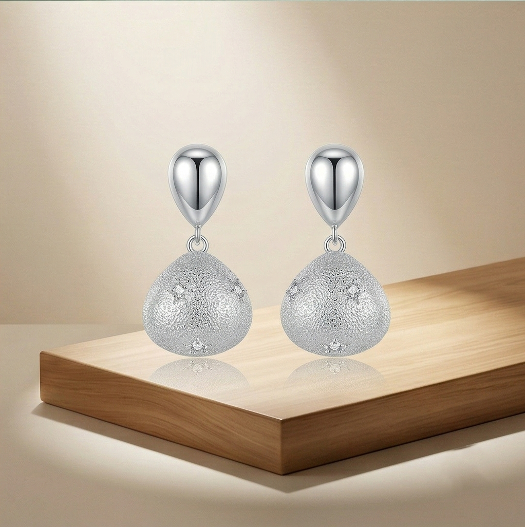 LUXE 925 Sterling Silver Textured Teardrop Dangle Earrings Rhodium Finish Statement Jewellery for Women