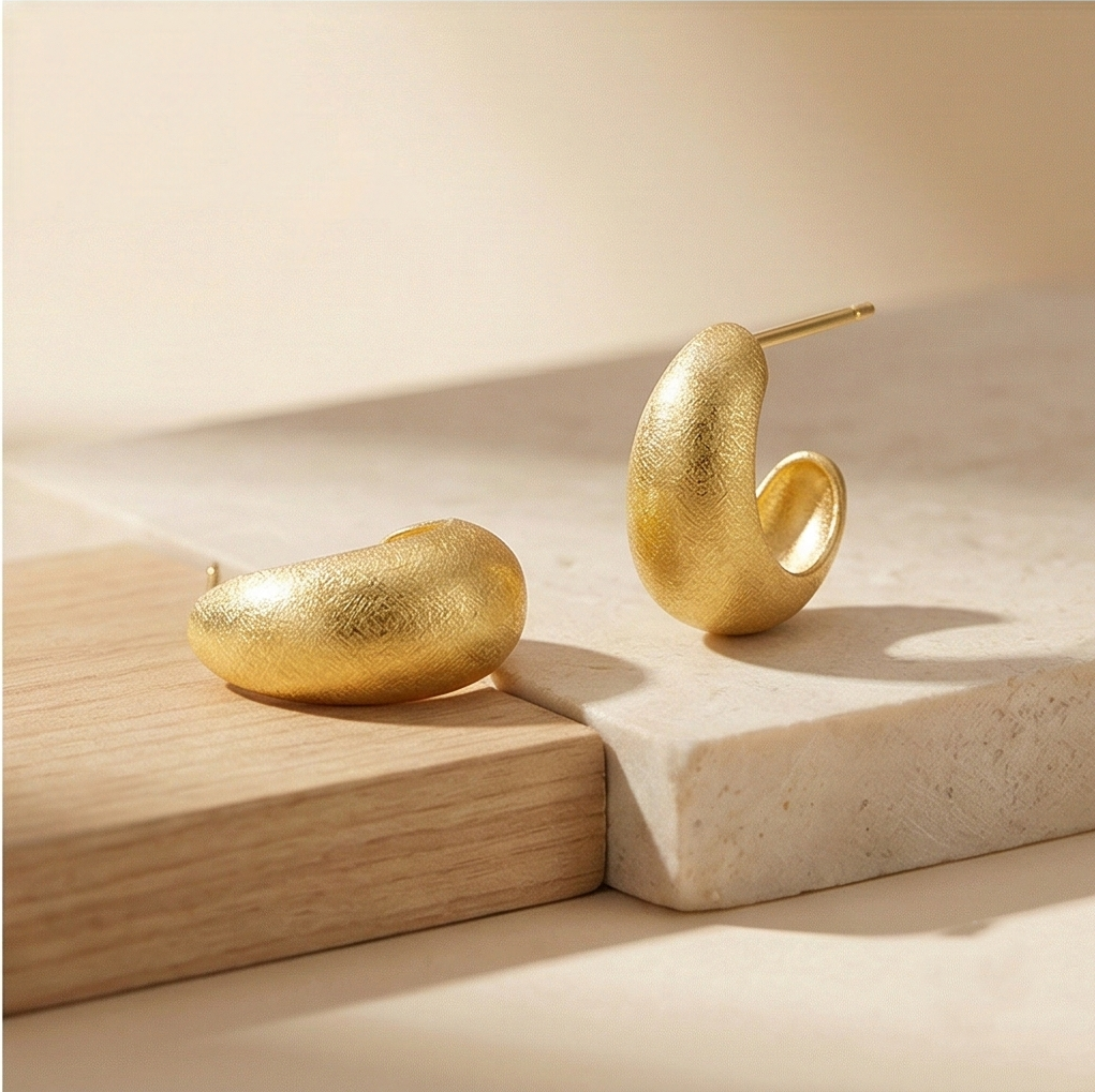 LUXE 925 Sterling Silver Chunky Half Hoop Stud Earrings Gold Plated Matte Finish Minimalist Jewellery for Women