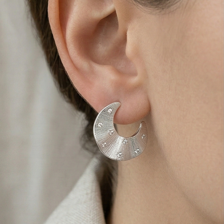 LUXE 925 Sterling Silver Crescent Moon Half Hoop Earrings Rhodium Finish Celestial Jewellery for Women