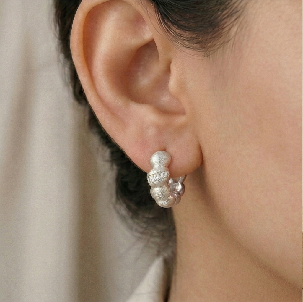 LUXE 925 Sterling Silver Textured Beaded Huggie Hoop Earrings Jewellery for Women