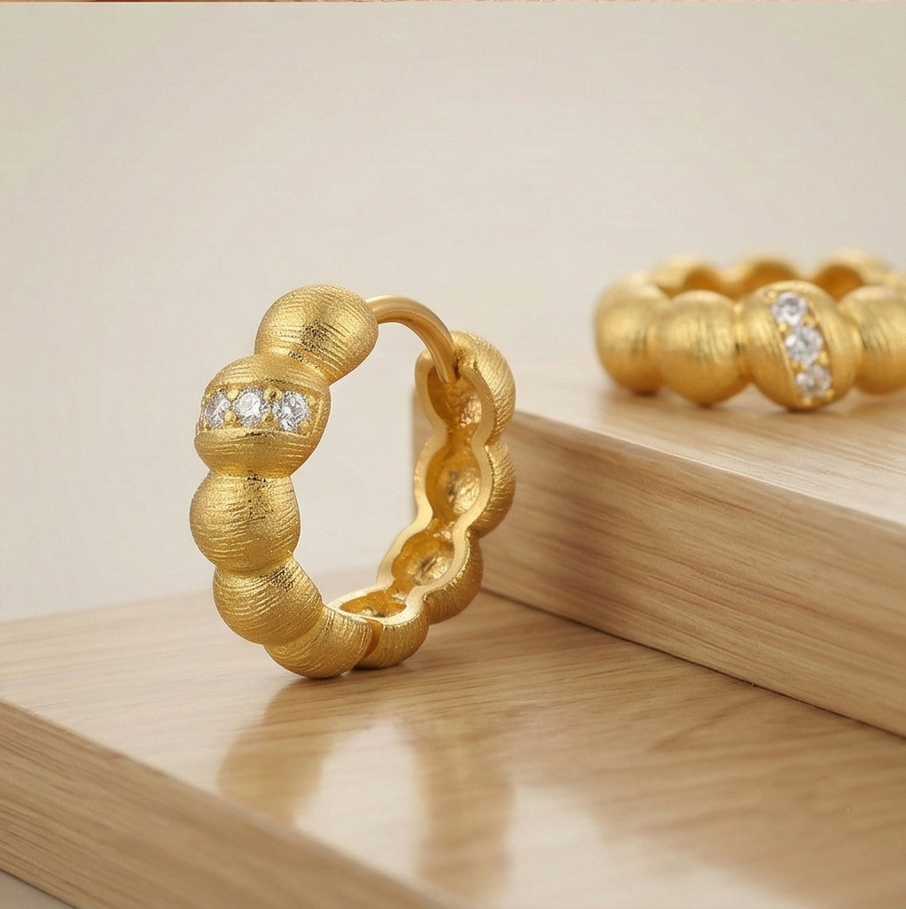 LUXE 925 Sterling Silver Gold Plated Textured Beaded Huggie Hoop Earrings Jewellery for Women