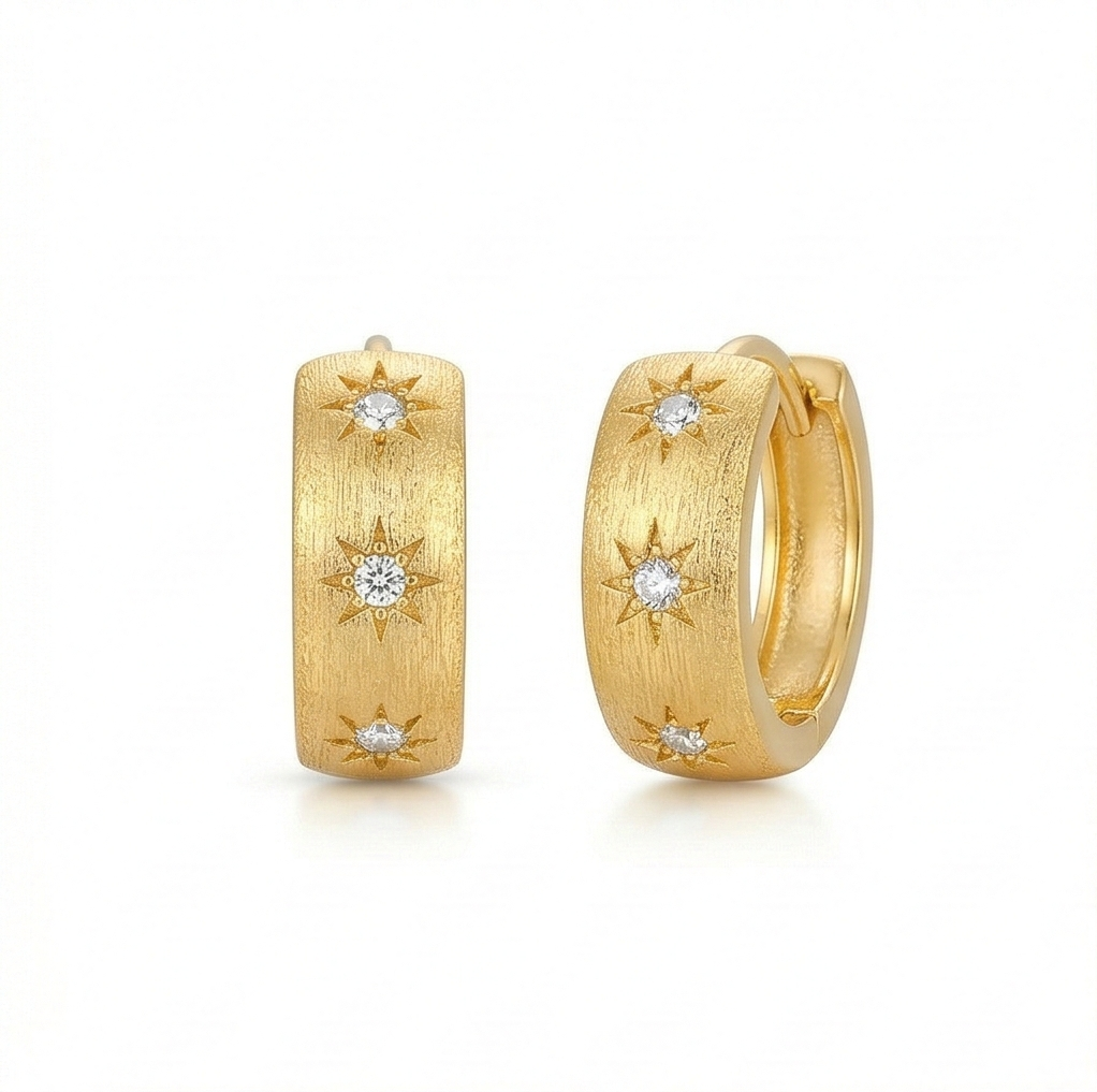 LUXE 925 Sterling Silver Gold Plated Brushed Starburst Hoop Earrings Jewellery for Women