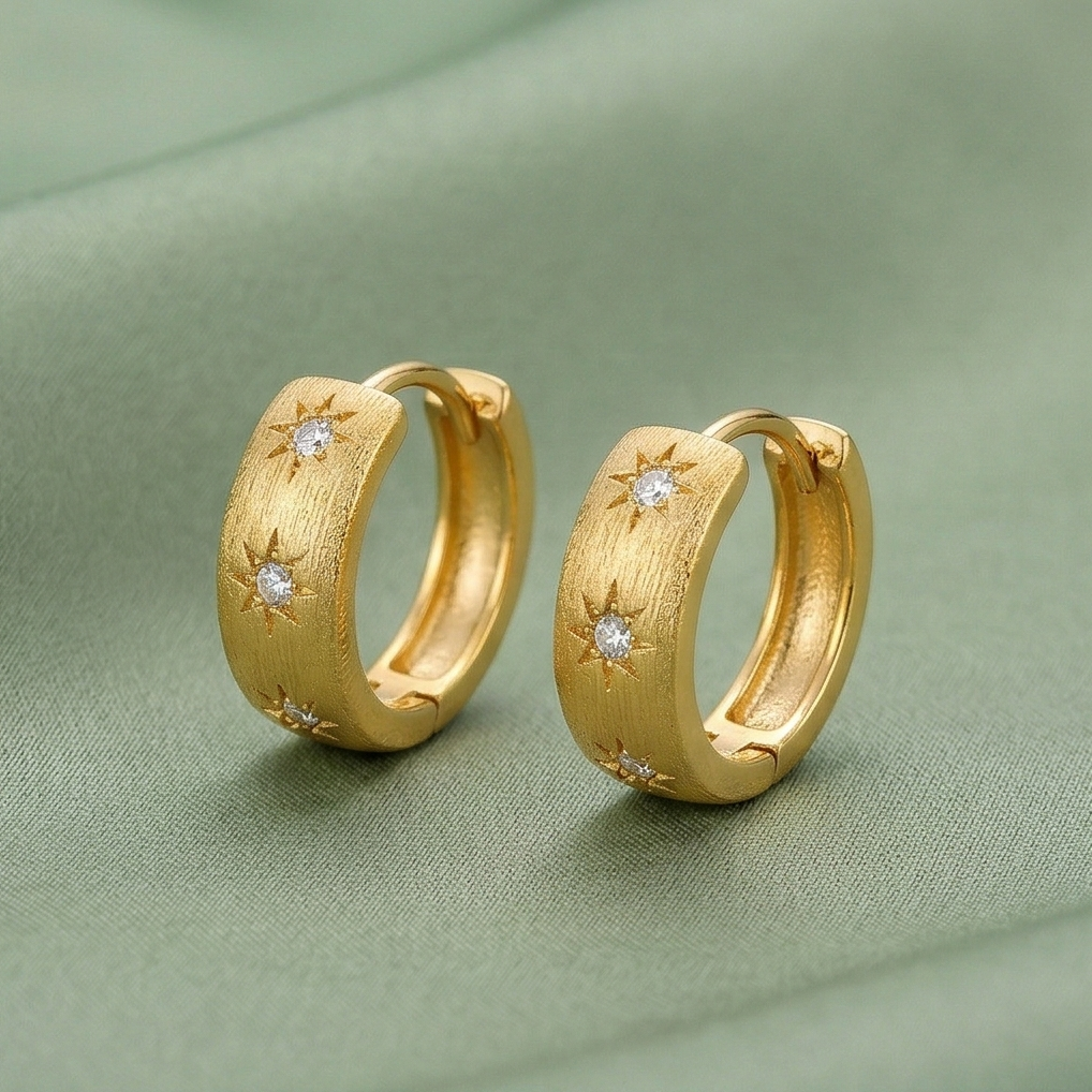 LUXE 925 Sterling Silver Gold Plated Brushed Starburst Hoop Earrings Jewellery for Women
