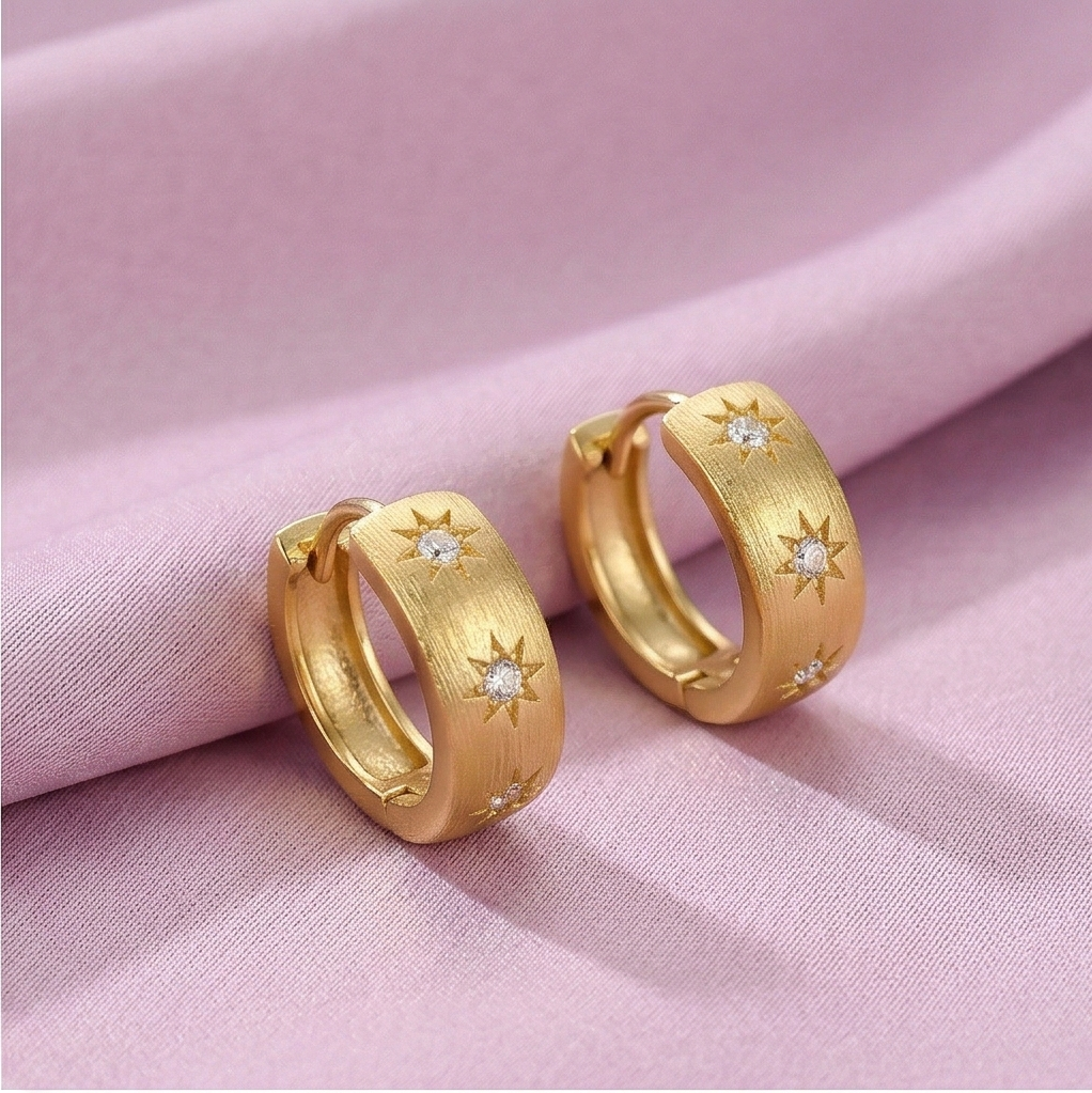 LUXE 925 Sterling Silver Gold Plated Brushed Starburst Hoop Earrings Jewellery for Women