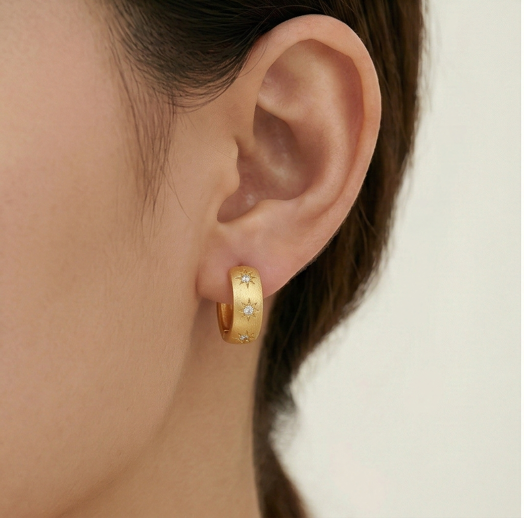 LUXE 925 Sterling Silver Gold Plated Brushed Starburst Hoop Earrings Jewellery for Women