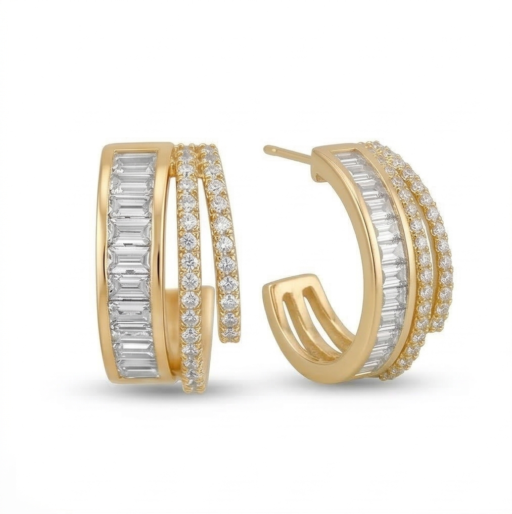 LUXE 925 Sterling Silver Gold Plated Multi-Row Hoop Earrings Statement Jewellery