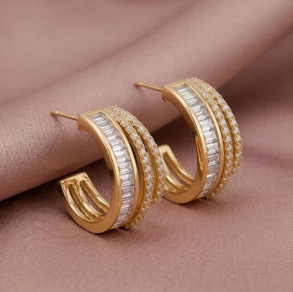 LUXE 925 Sterling Silver Gold Plated Multi-Row Hoop Earrings Statement Jewellery