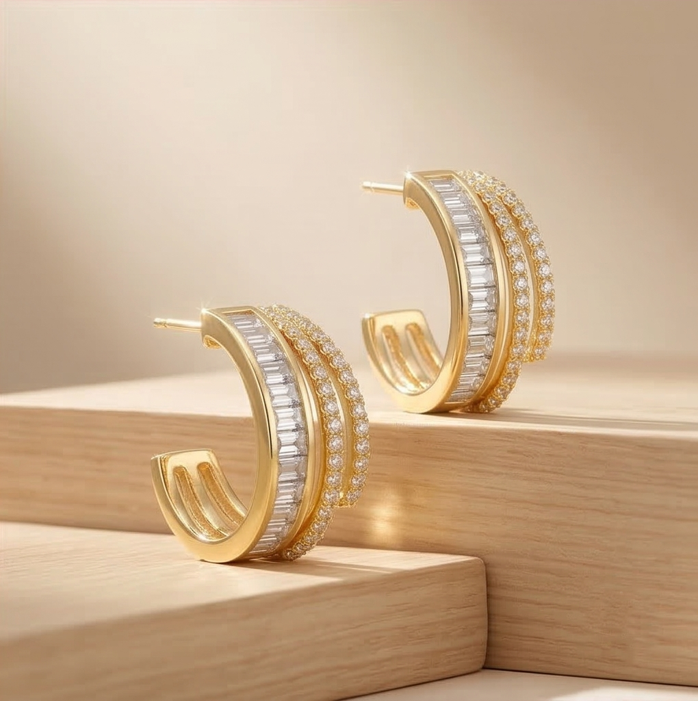 LUXE 925 Sterling Silver Gold Plated Multi-Row Hoop Earrings Statement Jewellery