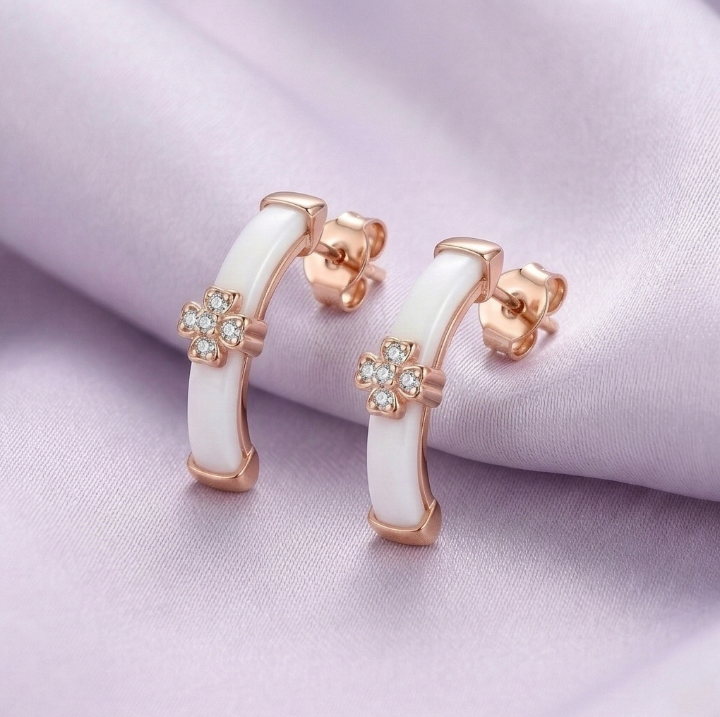 LUXE 925 Sterling Silver Rose Gold Plated Clover Enamel Curved Stud Earrings Jewellery for Women
