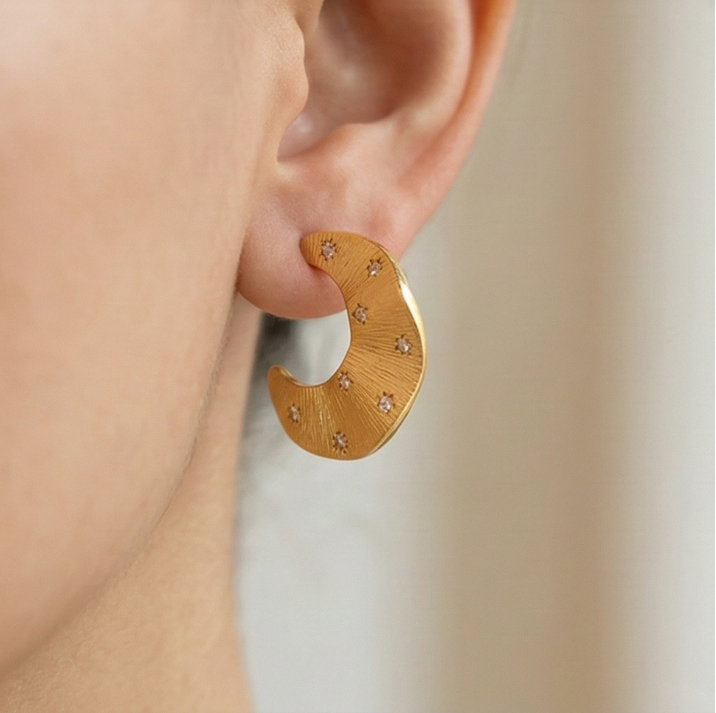 LUXE 925 Sterling Silver Gold Plated Textured Crescent Moon Earrings Bohemian Jewellery