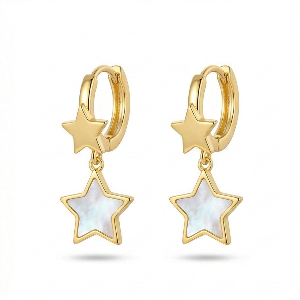 LUXE 925 Sterling Silver Gold Plated Double Star Drop MOP Earrings Celestial Jewellery