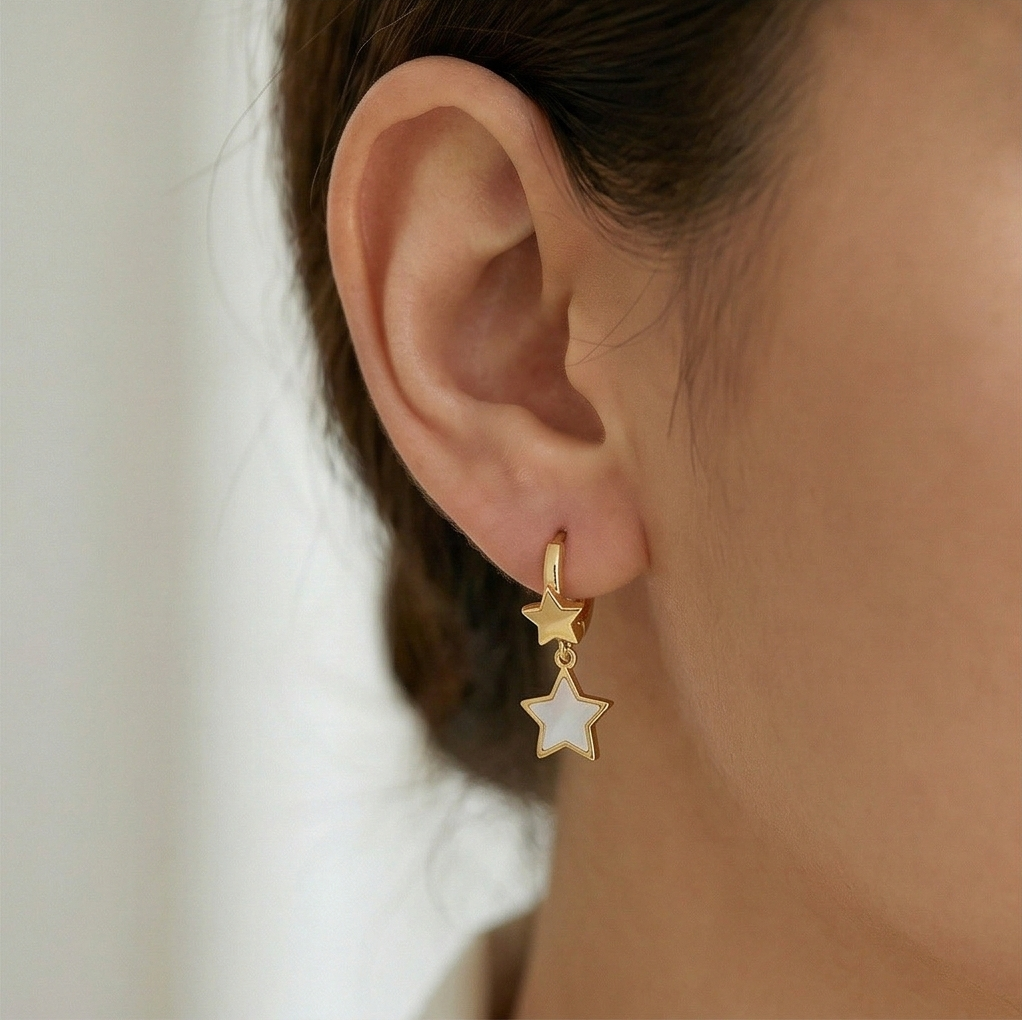 LUXE 925 Sterling Silver Gold Plated Double Star Drop MOP Earrings Celestial Jewellery
