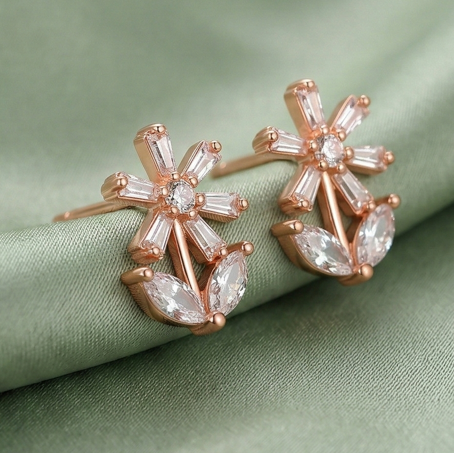LUXE 925 Sterling Silver Rose Gold Plated Floral Stud Earrings Elegant Jewellery