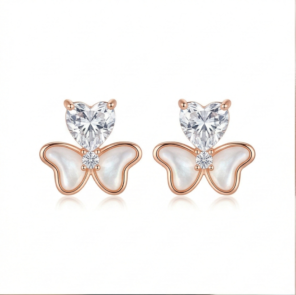 LUXE 925 Sterling Silver Rose Gold Plated Heart and Butterfly Stud Earrings Romantic Jewellery