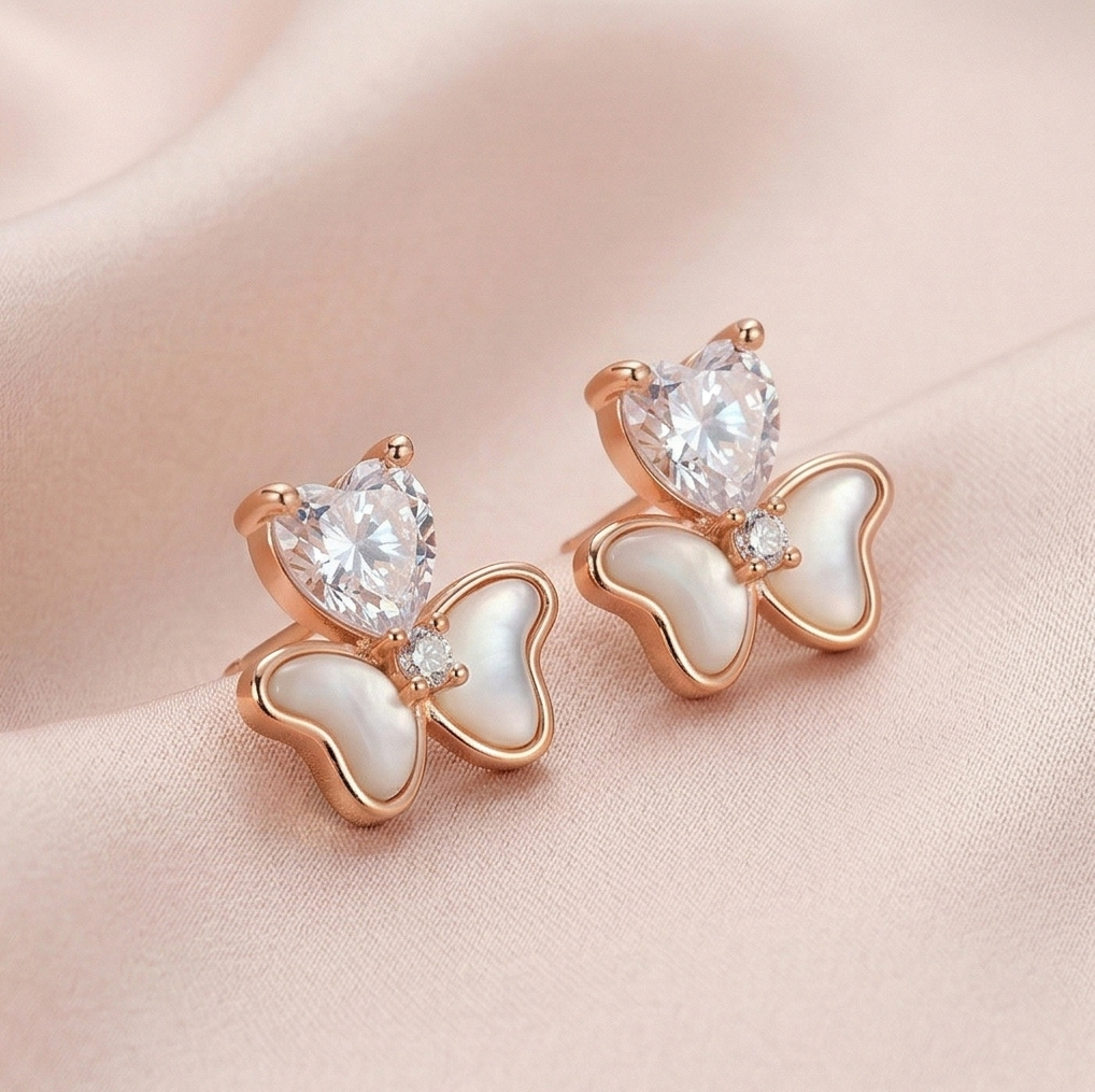 LUXE 925 Sterling Silver Rose Gold Plated Heart and Butterfly Stud Earrings Romantic Jewellery