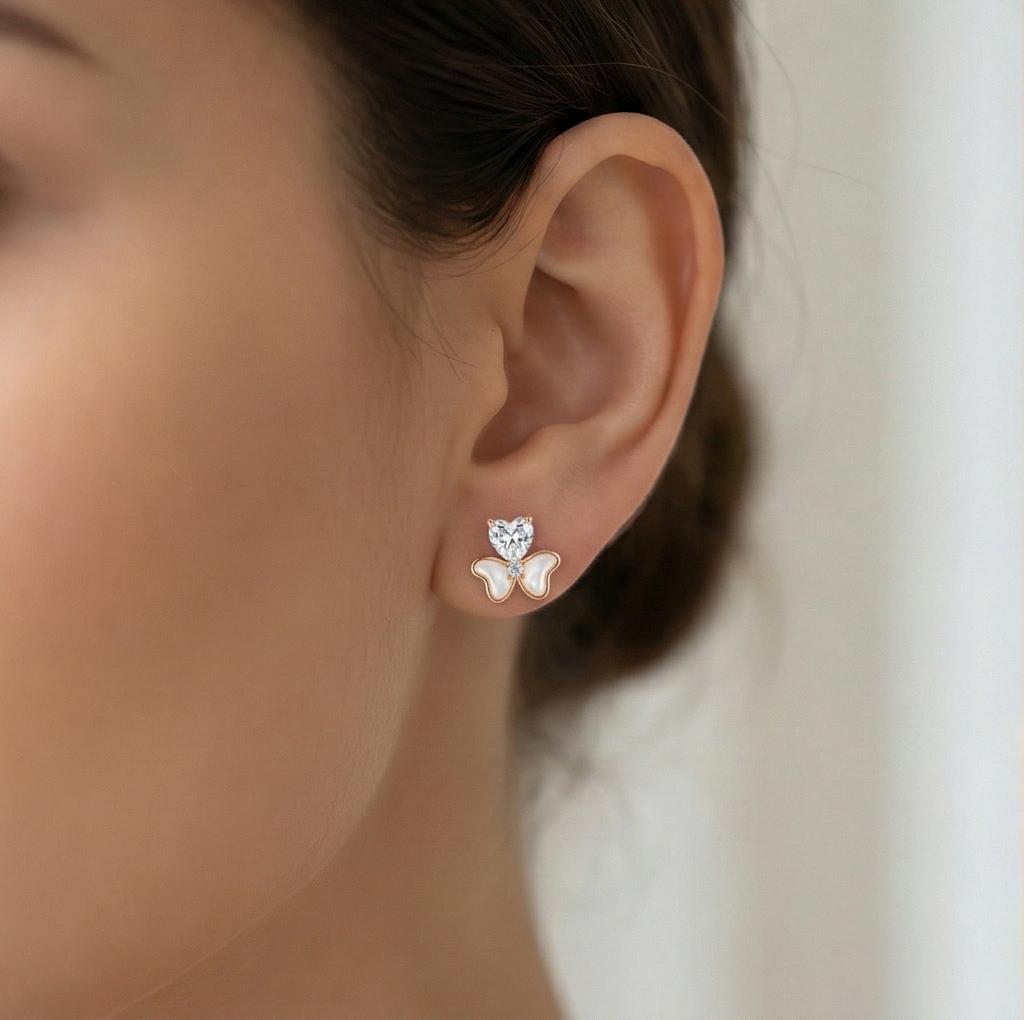 LUXE 925 Sterling Silver Rose Gold Plated Heart and Butterfly Stud Earrings Romantic Jewellery