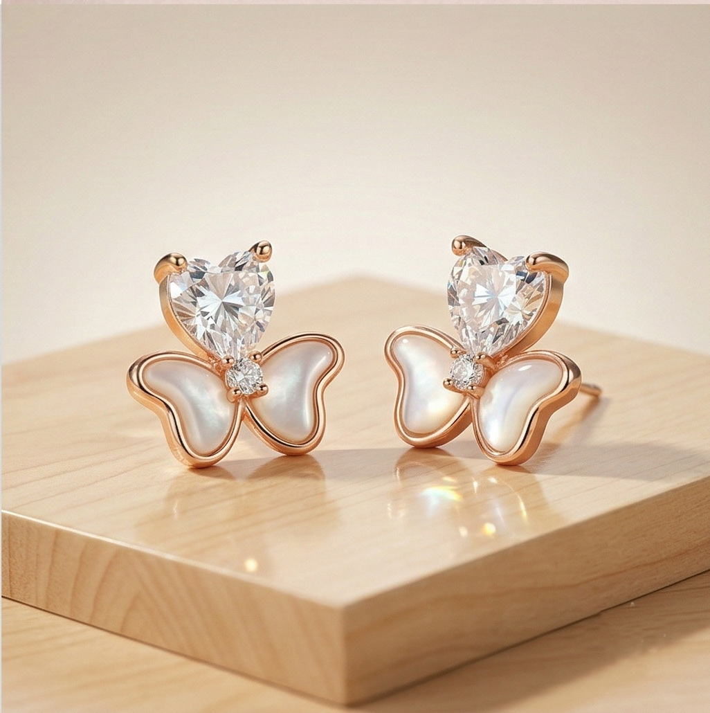 LUXE 925 Sterling Silver Rose Gold Plated Heart and Butterfly Stud Earrings Romantic Jewellery