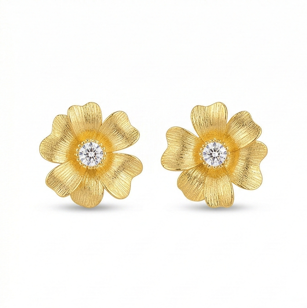 LUXE 925 Sterling Silver Gold Plated Textured Floral Stud Earrings Classic Jewellery