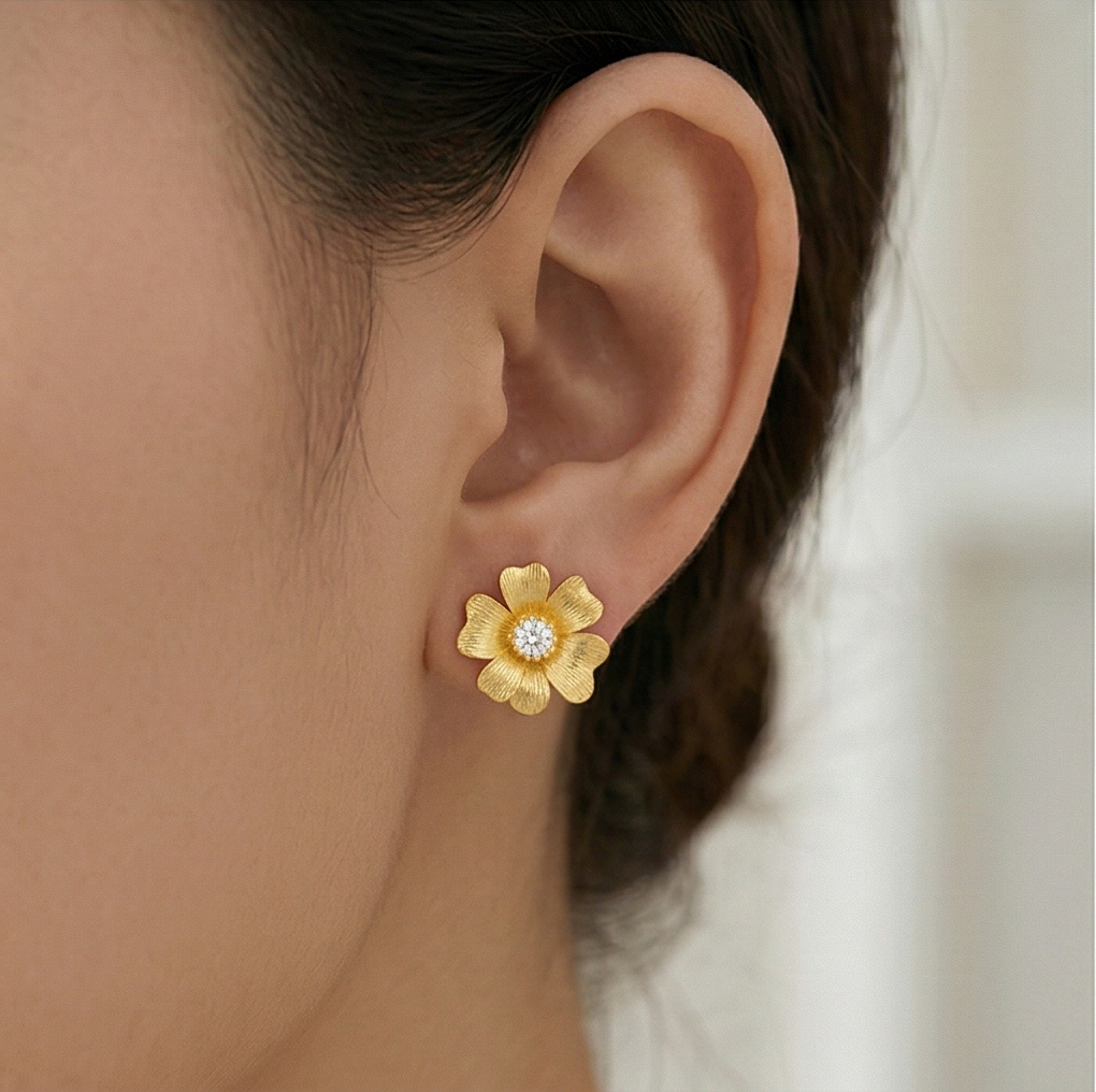 LUXE 925 Sterling Silver Gold Plated Textured Floral Stud Earrings Classic Jewellery