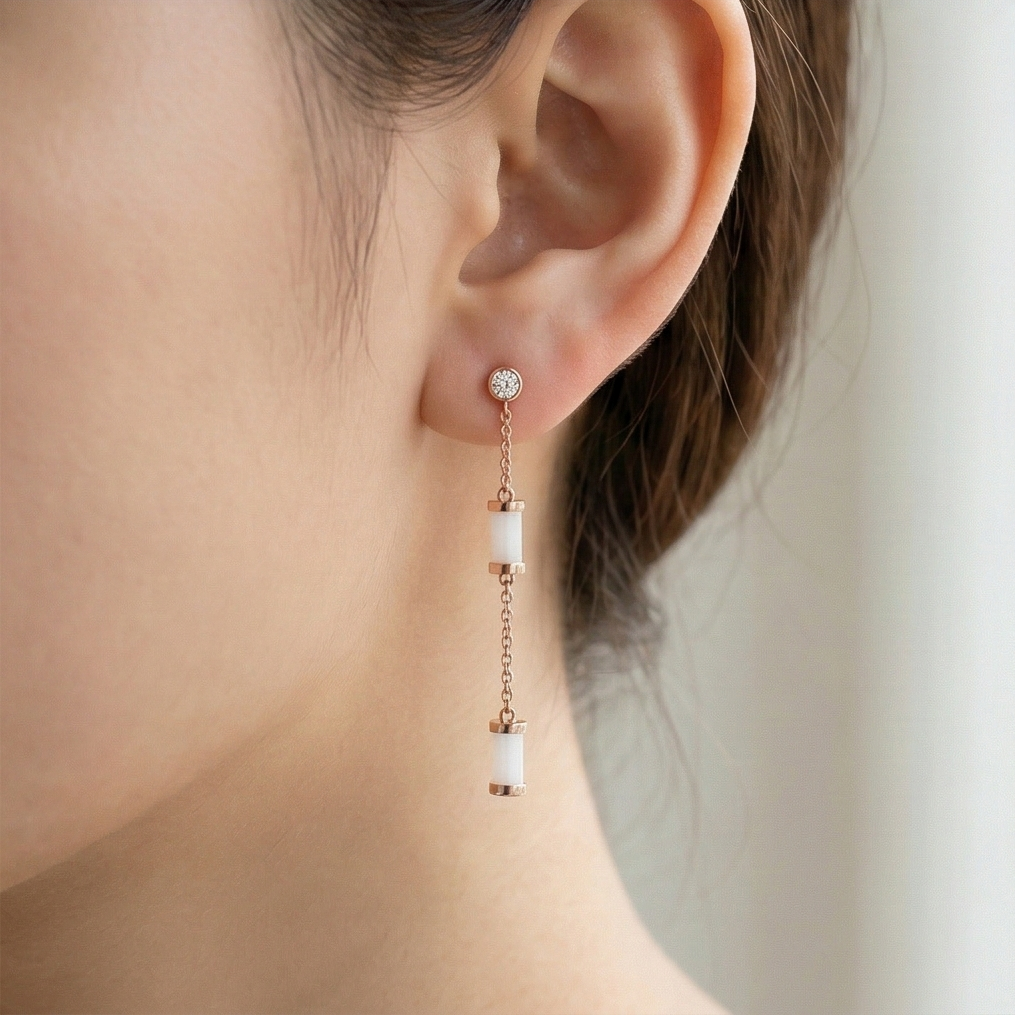 LUXE 925 Sterling Silver Long Chain Cylinder Dangle Earrings High Polish Rose Gold Finish Jewellery for Women