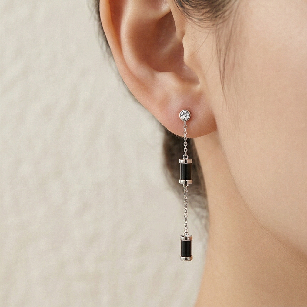 LUXE 925 Sterling Silver Long Chain Dangle Earrings with Black Accents Contemporary Jewellery