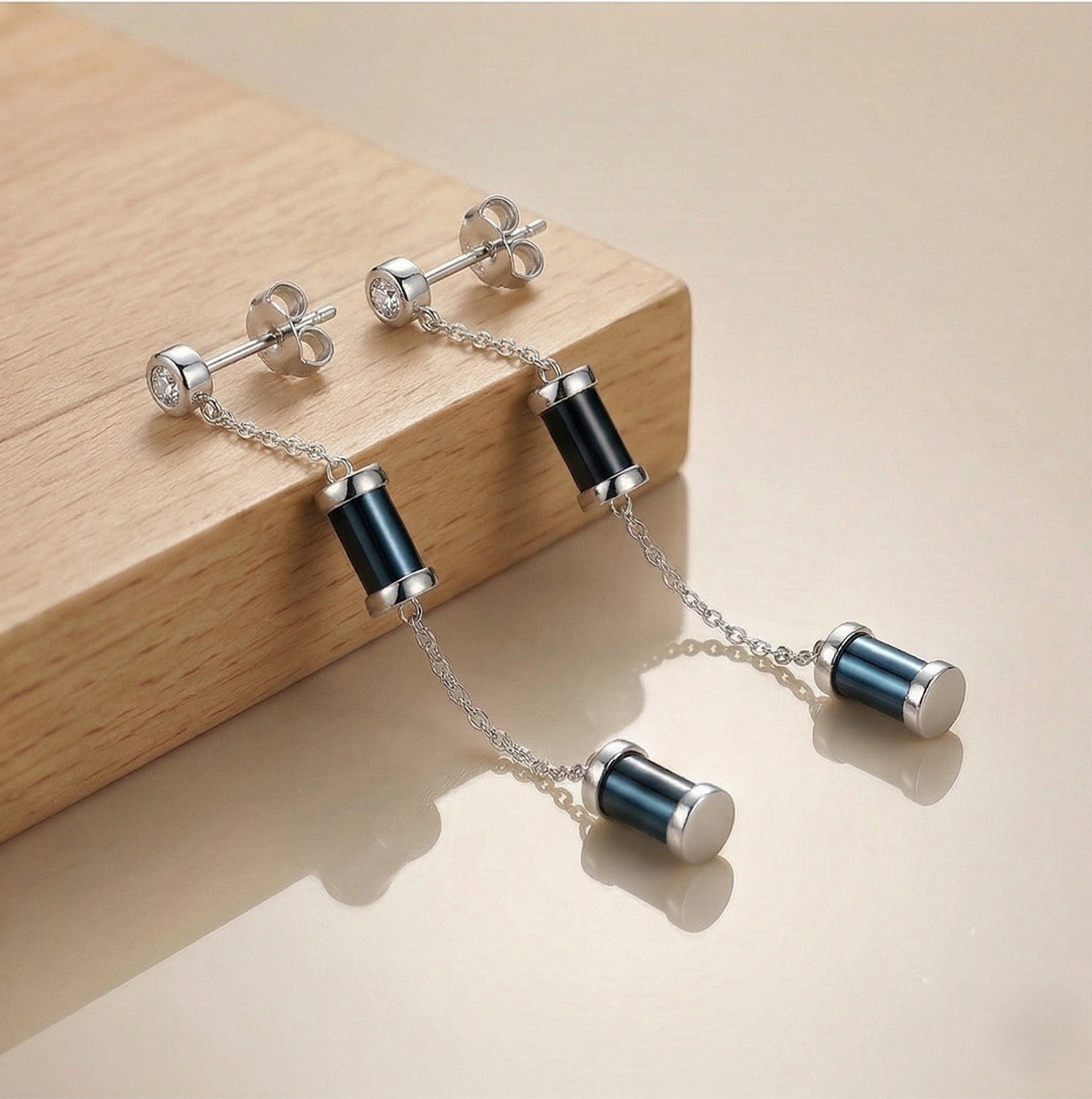 LUXE 925 Sterling Silver Long Chain Dangle Earrings with Black Accents Contemporary Jewellery