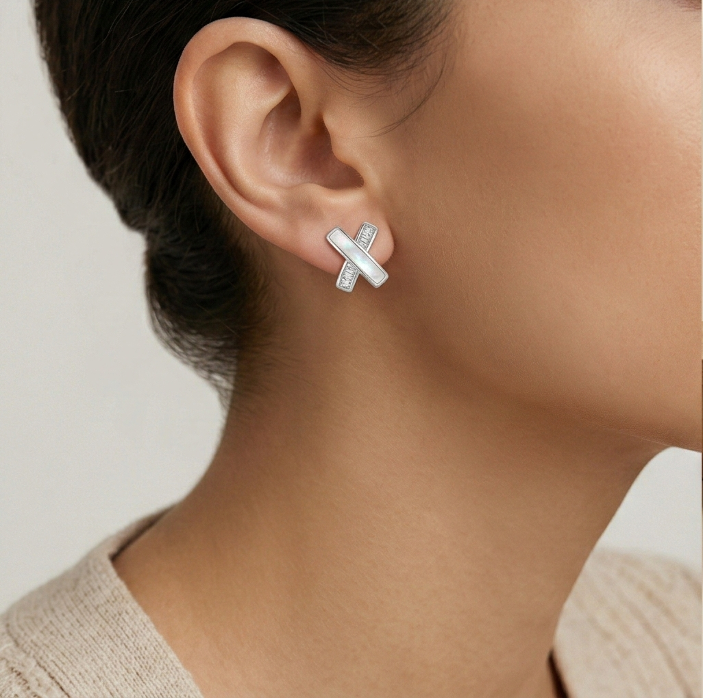 LUXE 925 Sterling Silver Criss Cross Mother of Pearl Stud Earrings High Polish Rhodium Finish Jewellery for Women