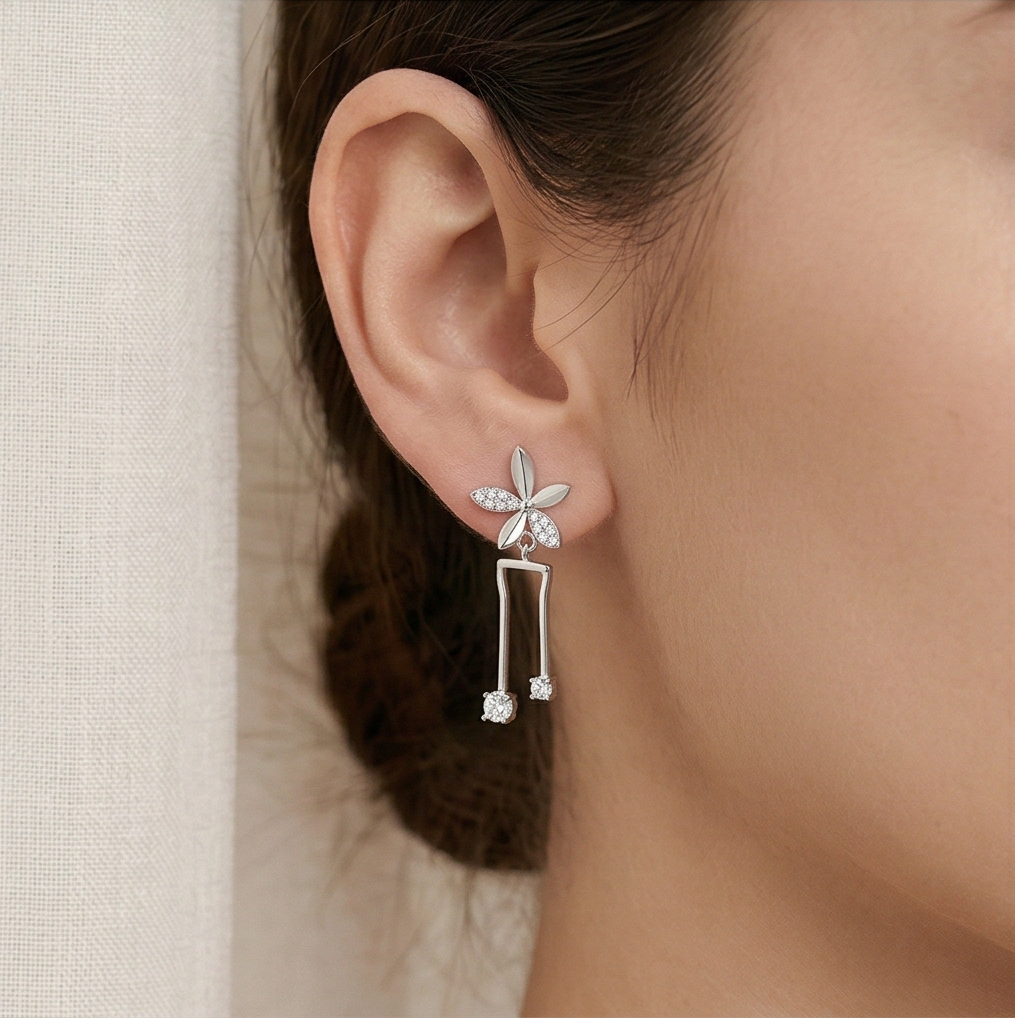 LUXE 925 Sterling Silver Floral Geometric Dangle Earrings High Polish Rhodium Finish Jewellery for Women