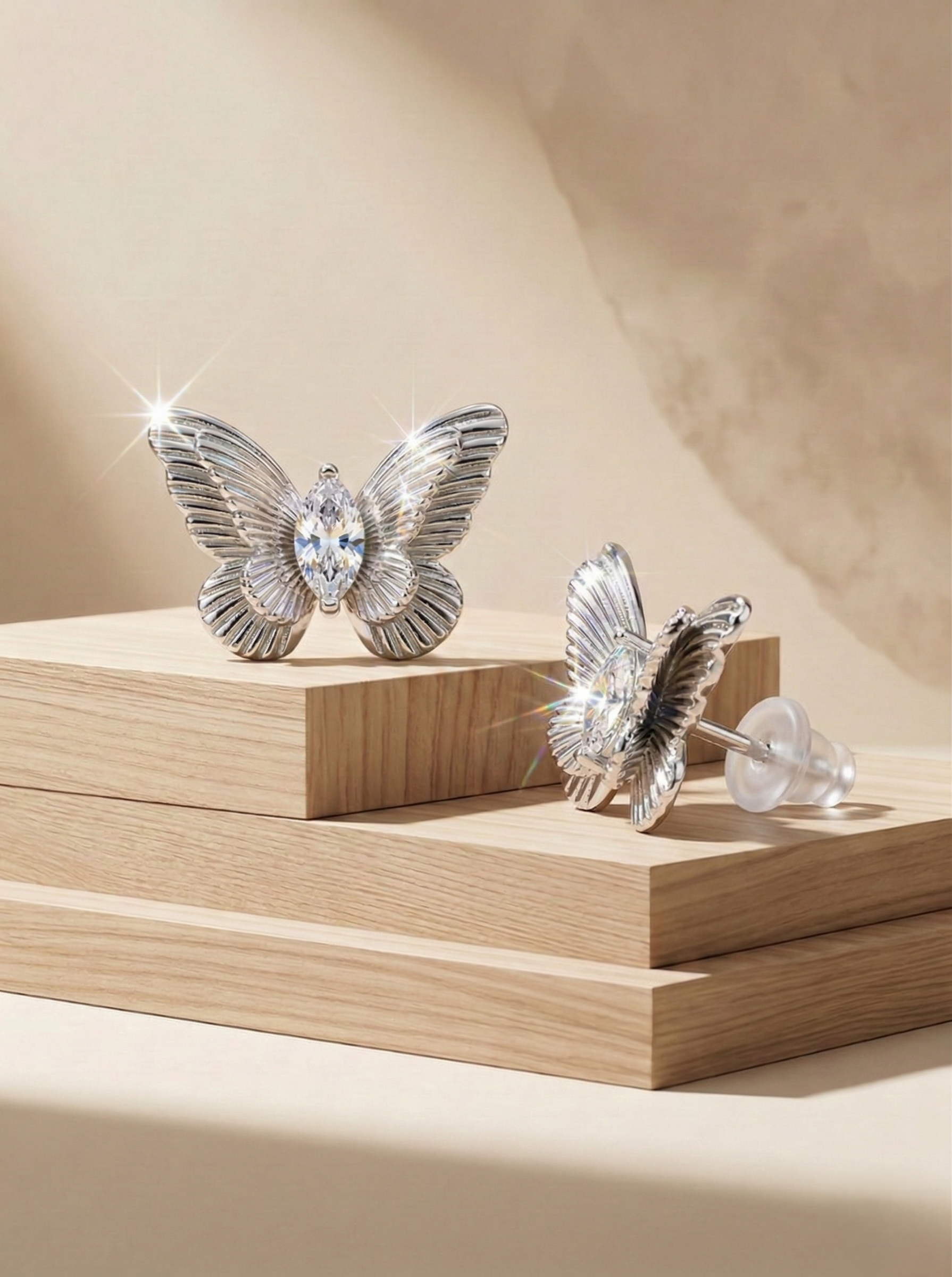 LUXE 925 Sterling Silver Textured Butterfly Stud Earrings High Polish Rhodium Finish Jewellery for Women