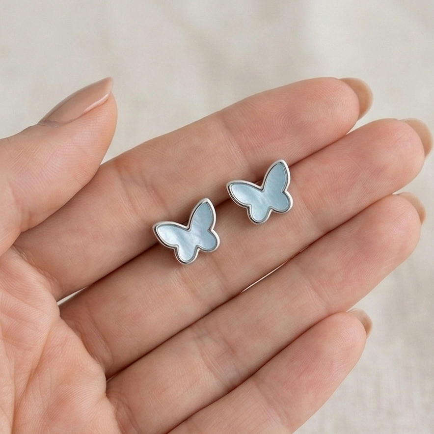 LUXE 925 Sterling Silver Blue Butterfly Stud Earrings High Polish Rhodium Finish Jewellery for Women