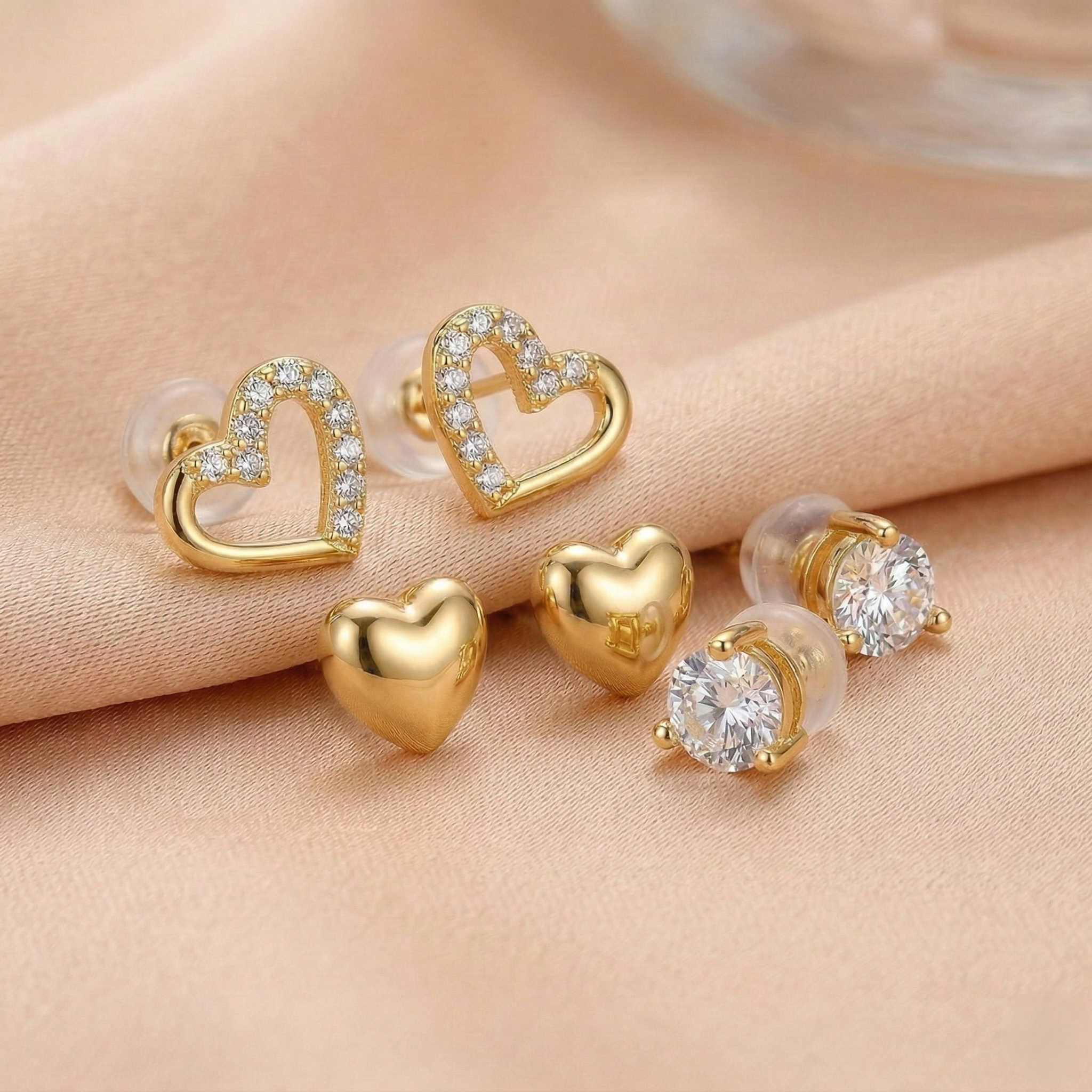 LUXE 925 Sterling Silver Multi-Pack Heart and Solitaire Stud Earrings High Polish Gold Finish Jewellery for Women