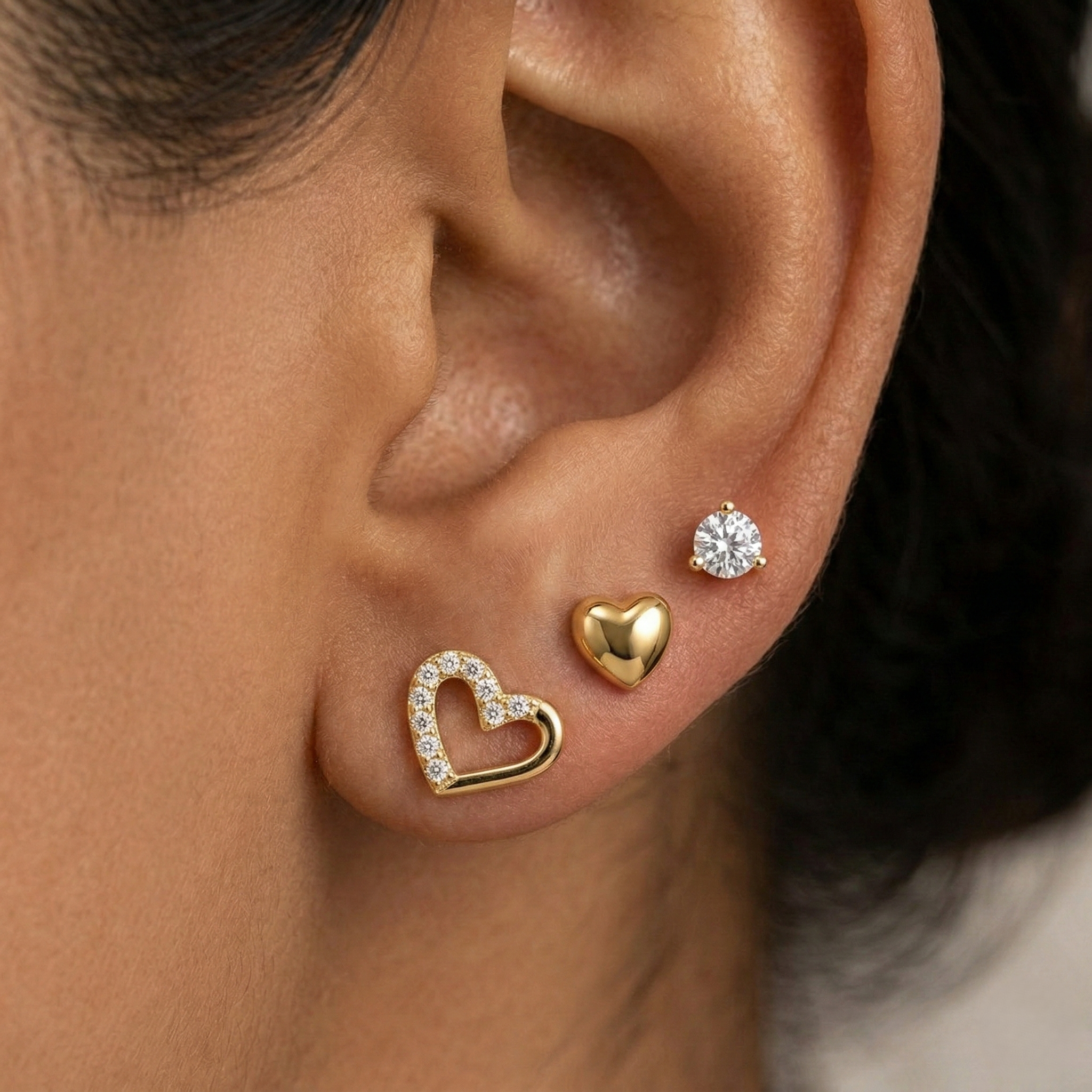 LUXE 925 Sterling Silver Multi-Pack Heart and Solitaire Stud Earrings High Polish Gold Finish Jewellery for Women