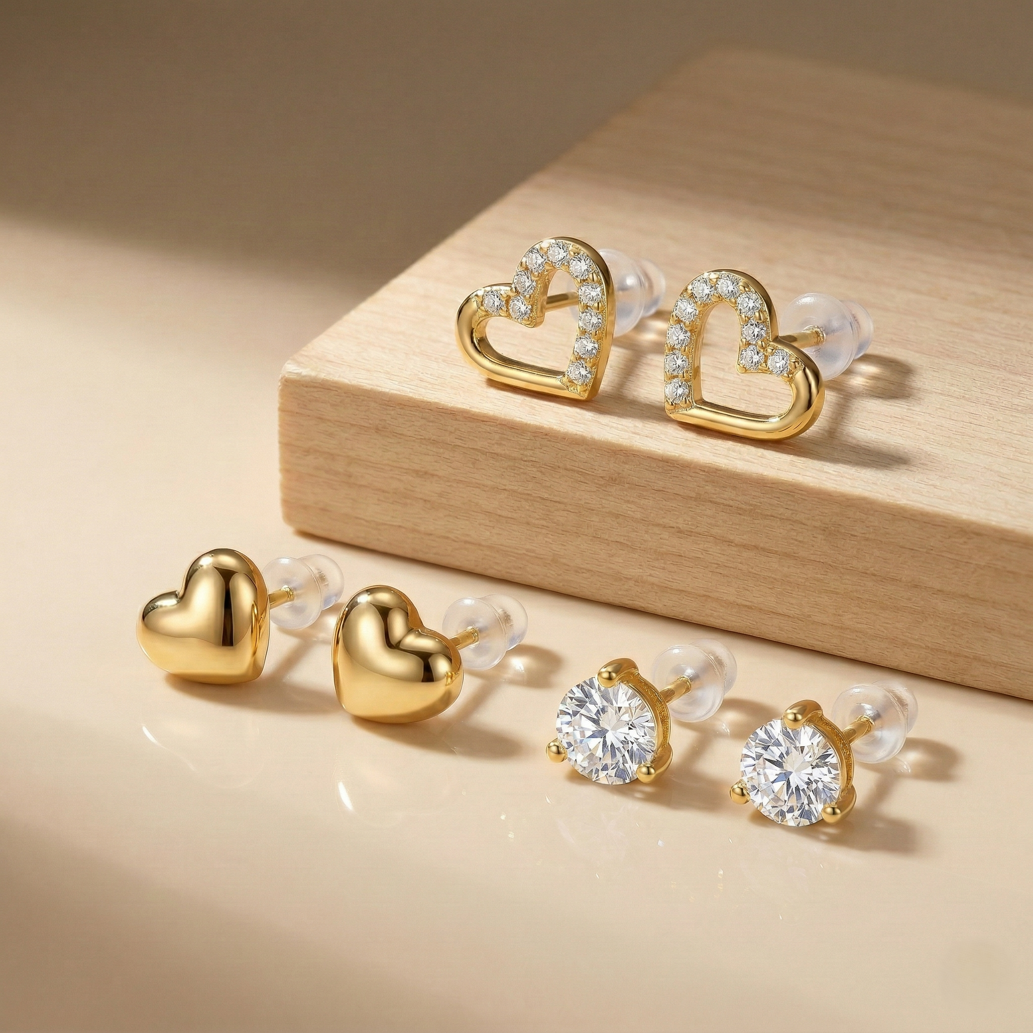 LUXE 925 Sterling Silver Multi-Pack Heart and Solitaire Stud Earrings High Polish Gold Finish Jewellery for Women