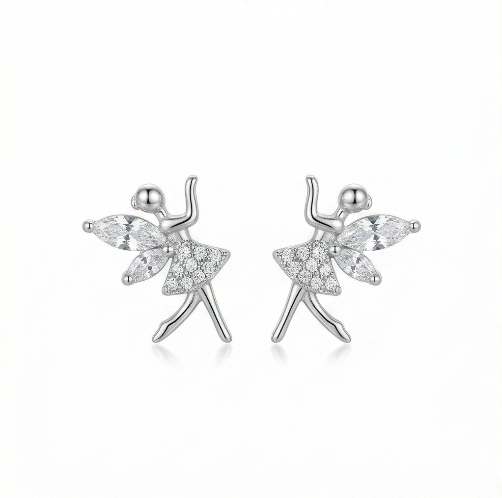 LUXE 925 Sterling Silver Fairy Ballerina Stud Earrings High Polish Rhodium Finish Jewellery for Women