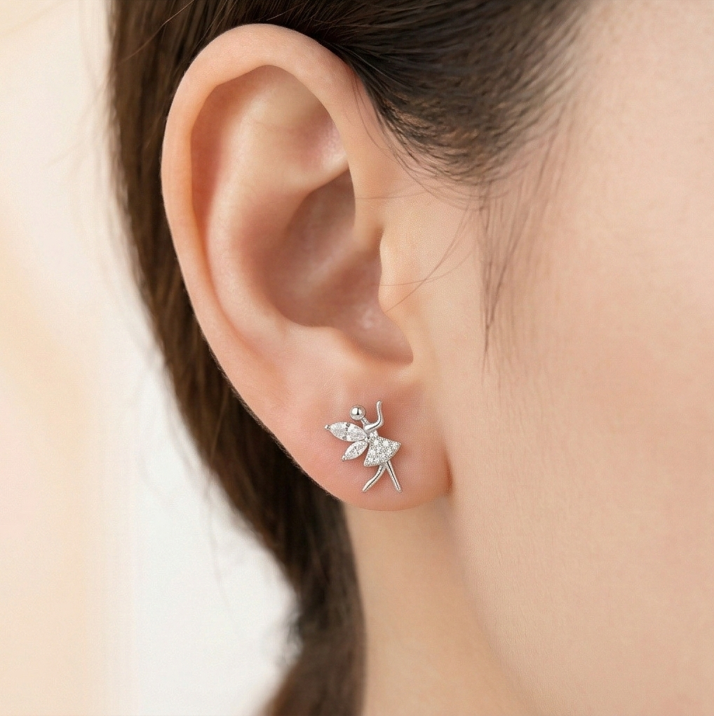 LUXE 925 Sterling Silver Fairy Ballerina Stud Earrings High Polish Rhodium Finish Jewellery for Women